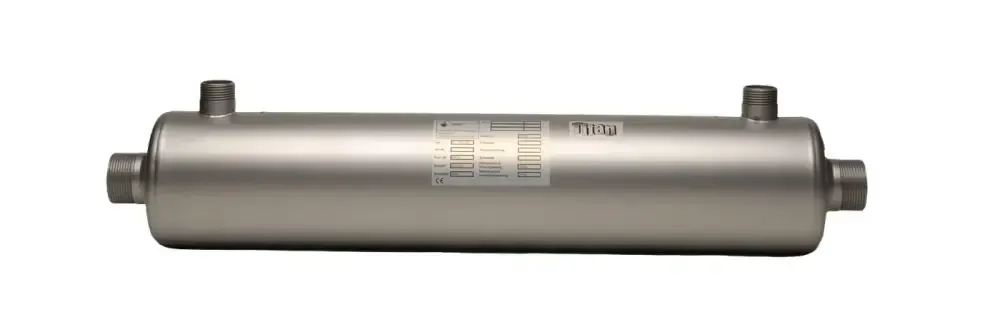 Silvrig titan värmeväxlare med Therm-märke för maximal energieffektivitet